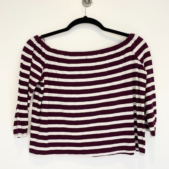 J. Crew Factory Striped Boatneck Half Sleeve Cropped Shirt Purple/White Size M - Picture 2 of 6